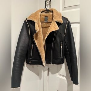 Cropped aviator jacket size UK 10 US 6 black and beige faux fur lined